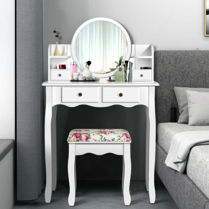 Ensemble de coiffeuse avec miroir rond pivotant à 360 °, Blanc