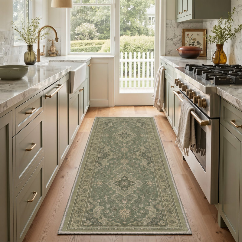 Tapis de couloir vert oriental/gris lavable à la machine avec envers antidérapant, Tapis de couloir de 2 pi x 7 pi