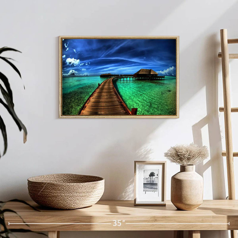 Maldives Bungalow Dock, 19" X 13", Floating Frame Natural Wood