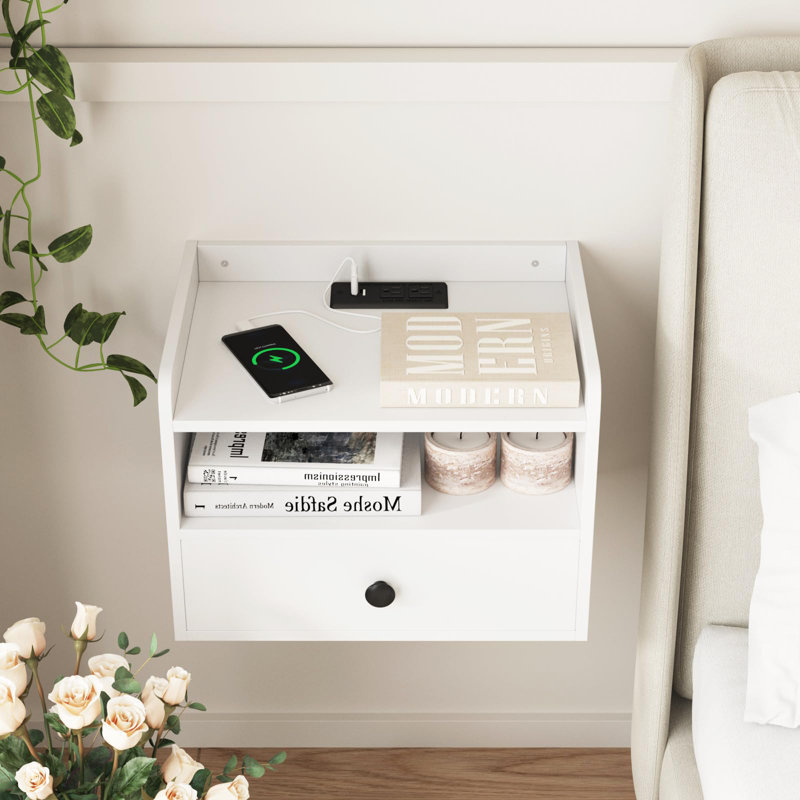 White Wood Floating Nightstand Set with Drawer and Shelf