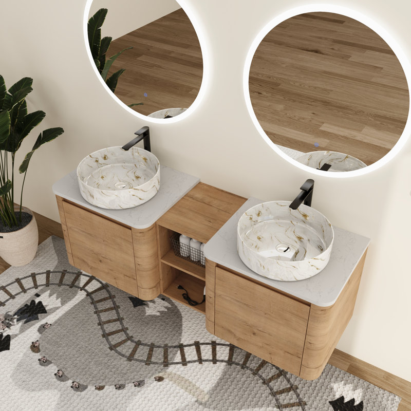 Greythor 60'' Wall-Mounted Double Bathroom Vanity With Ceramic Sink & Storage Shelves,60'' Double Bathroom Vanity Set With Engineered Stone Top