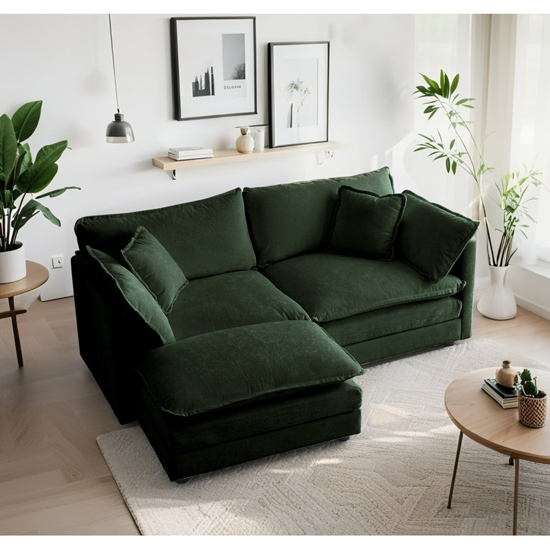 Green Chenille Two-Seater Sofa With L-Shaped Sectional