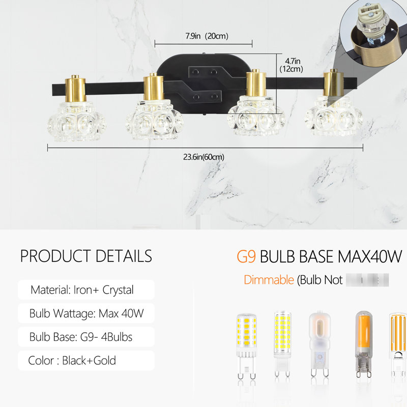 4- Wall Sconce, Crystal , Matte Black & Golden, Retro Bathroom Corridor , Bright Energy Saving, Easy Install Vintage Lamp With Crystal, Iron Finish, For Corridor, Efficient, Installation Process