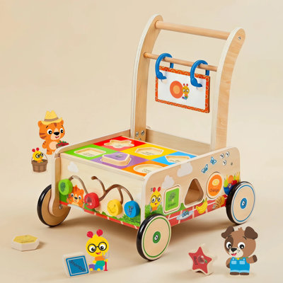 Wooden Baby Push Walker with Activity Center, Shape Sorter, Sliding Beads and Storage for Early Walking and Play