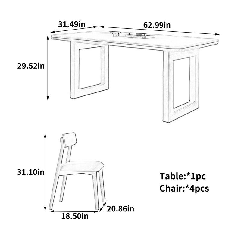Sleek and Stylish Dining Table, 29.52" H x 62.99" W x 31.49" D, 5 Pieces: Table, 4 Chairs