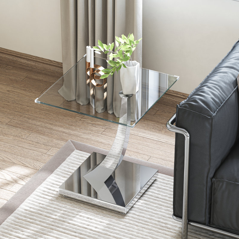 Table de bout à plateau en verre 23,62 po avec base courbée, Argent argent