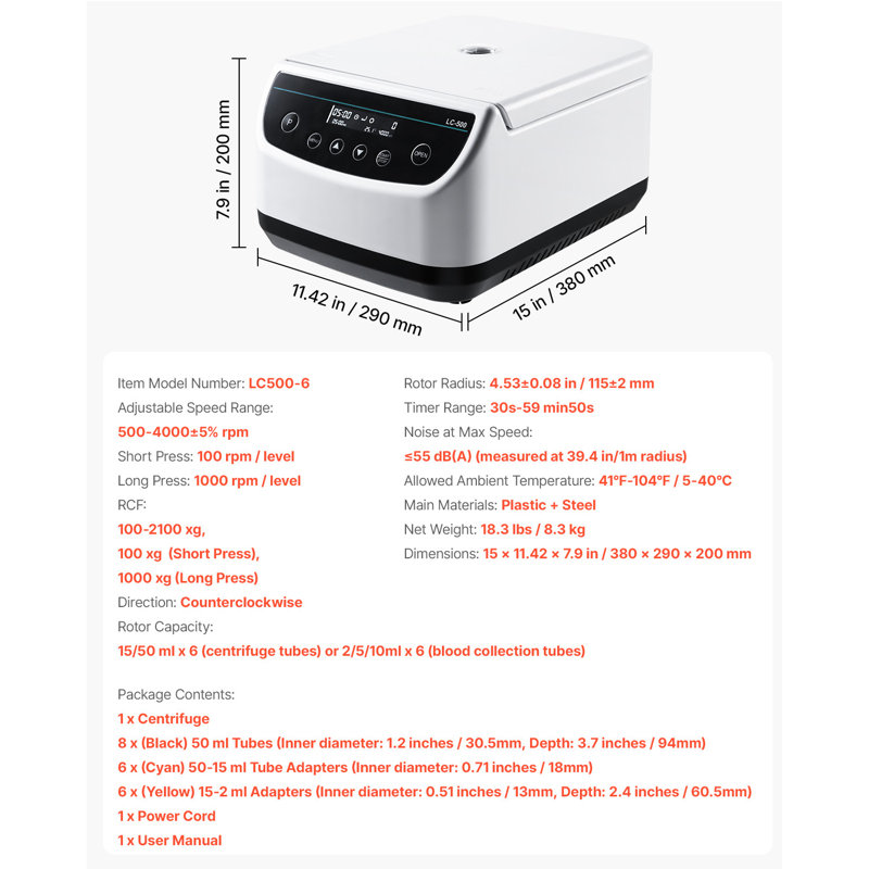 Centrifuge Machine 2/5/10/15/50ml Speed 500-4000rpm with 1 Rotor and Timer