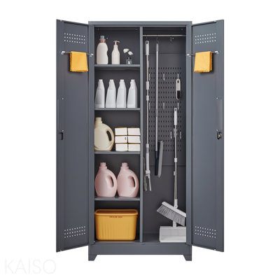 Casiers en métal de couleur grise et blanche, armoires à outils de nettoyage avec portes verrouillables, armoires de rangement pour outils à haut balai, tablettes réglables, grandes armoires pour cuisines, bureaux, magasins. (72,8 pouces)
