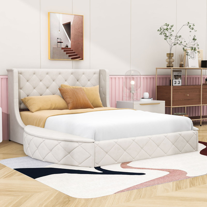 Grand lit plateforme tapissier 1 tiroir avec tête de lit et tabourets de rangement latéraux, Beige