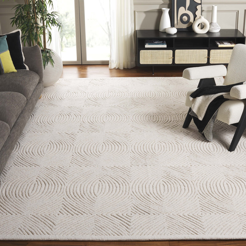 Katosha Textural Hand Tufted Wool/Cotton Geometric Rug in Ivory, Rectangle 8' x 10'