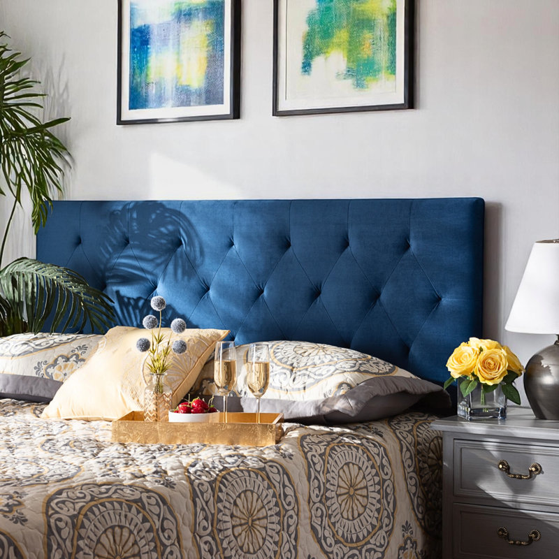 Waylen Upholstered Queen Size Headboard in Navy Blue Velvet Fabric, 45.68'' H X 62.93'' W X 1.8'' D, Queen