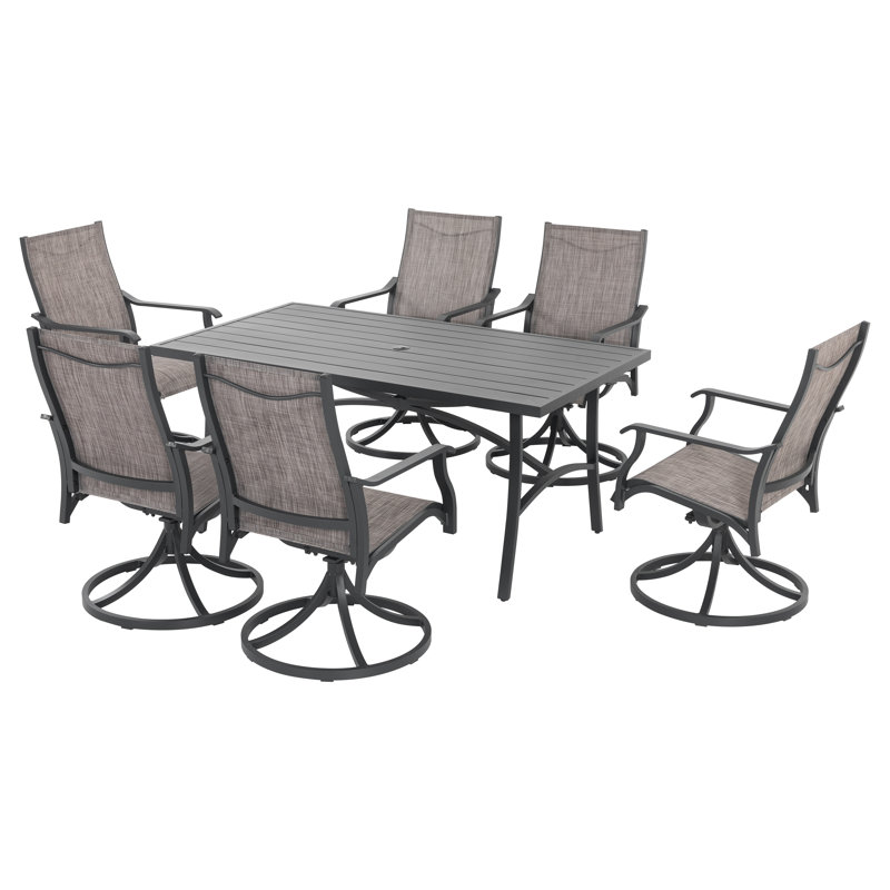 Patio 7-Piece Textilene Dining Set with Umbrella Hole, Swivel Chairs, 7 Pieces: Table, 6 Chairs