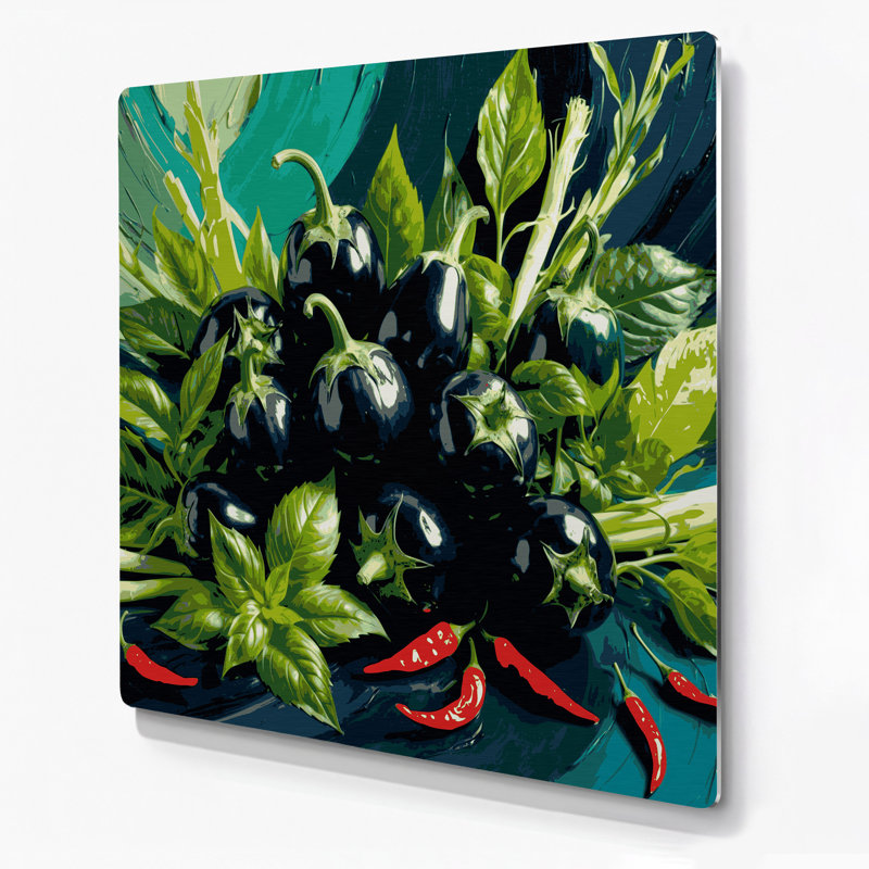 Art mural en métal gris légumes aubergine, H 12 po x l 12 po