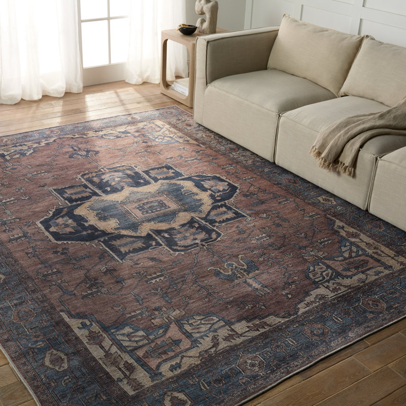 Beesley Machine Washable Blue/Dark Brown Rug, Rectangle 5'3" x 8'