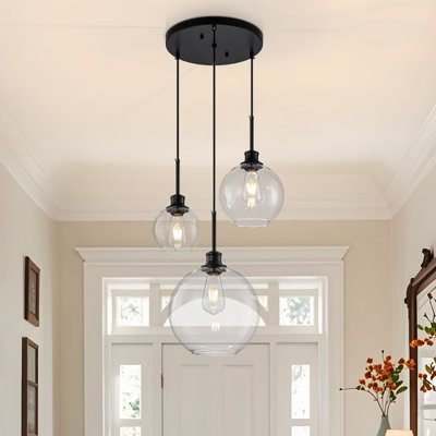 Luminaire suspendu sphérique noir à 3 lumières avec verre transparent Concow