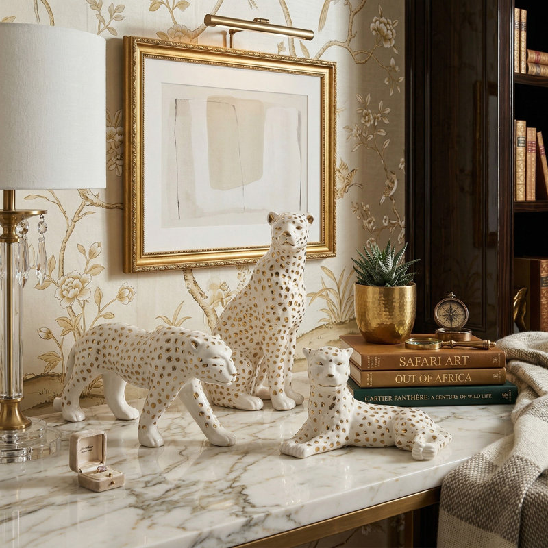 Ensemble de 3 figurines léopard décoratives en céramique - Sculptures d'animaux modernes pour la décoration intérieure, table basse, étagère ou console - blanc et or