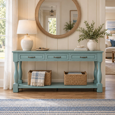 Classic Farmhouse Three Drawer Console Table with Turned Solid Wood Legs and Open Storage Shelf for Entryways and Living Rooms