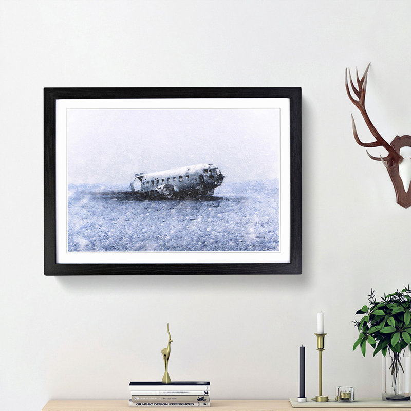 The Solheimasandur Plane Wreck in Iceland - Picture Frame Painting Print, Black Framed, 48cm H x 65cm W x 2cm D
