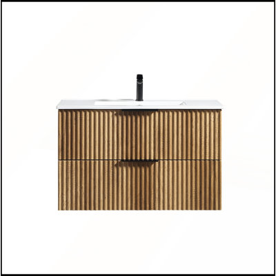 Meuble-lavabo mural de 36 pouces avec panneau cannelé 3D et lavabo intégré en céramique, parfait pour les salles de bain modernes et élégantes.