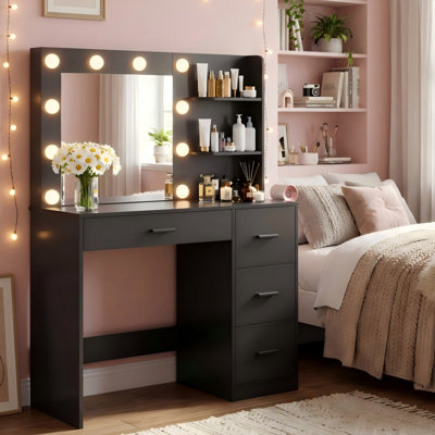 Borko Makeup Vanity With Lights,Vanity desk with Mirror and Power Outlet,Dresser Table with Drawers and Open Shelves by Wade Logan