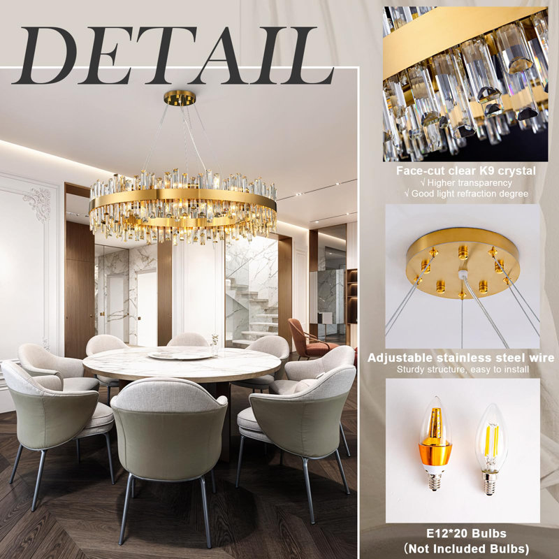 Michella Luxury 16 Lights Round K9 Crystal Ceiling Light Gold Chandeliers, 10.67" H x 31.5 " W x 31.5" D