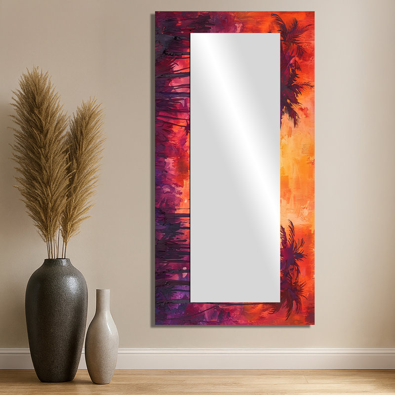 «Sunset Hues Palm Trees In California», miroir traditionnel pour décoration murale, imprimé sur métal, 28 po x 55 po