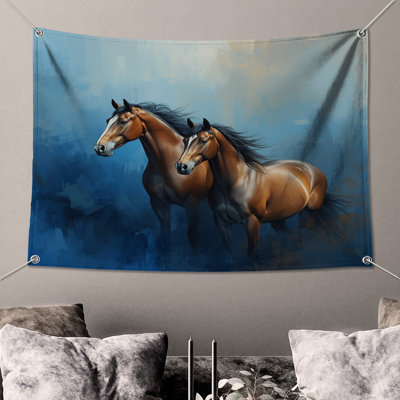 Tapisserie murale «Bay Horses» sur fond bleu - Chevaux