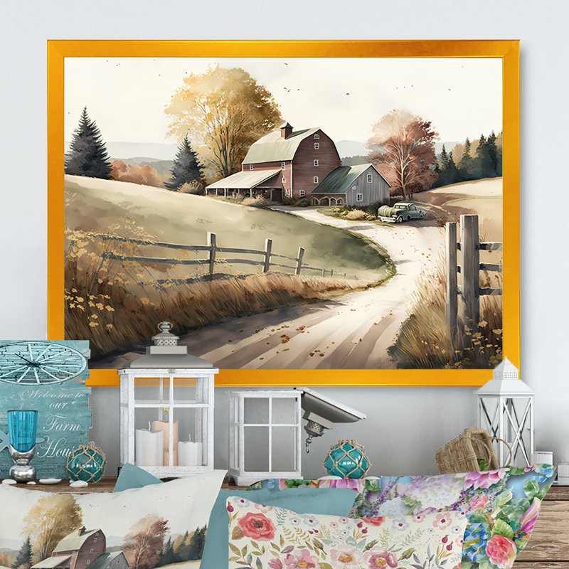 Path To The Barn IV - Barn Landscape, reproduction d'art sur toile, Encadrement doré, H 30 po x l 40 po x P 1,5 po
