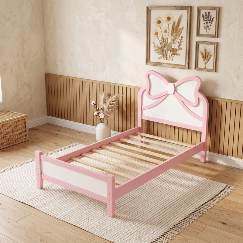 Cadre de lit plateforme en bois avec tête de lit, design discret, Lit simple, Blanc rose
