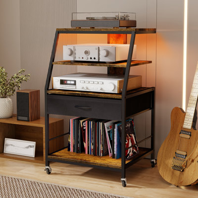 Record Player Stand With Vinyl Storage, 4-Tier AV Media Cabinet With Drawer, Stereo Racks With LED Light And Power Strips, Corner Entertainment Center