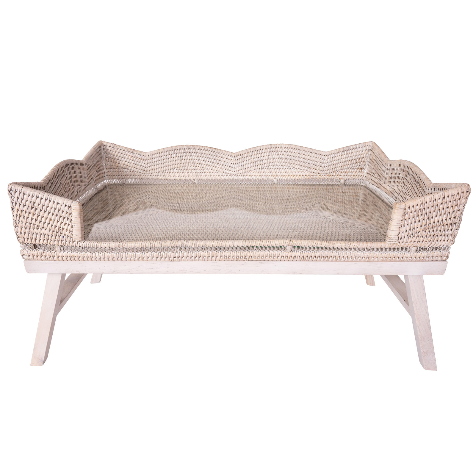 Scallop Design Breakfast Tray With Glass Insert, White Wash