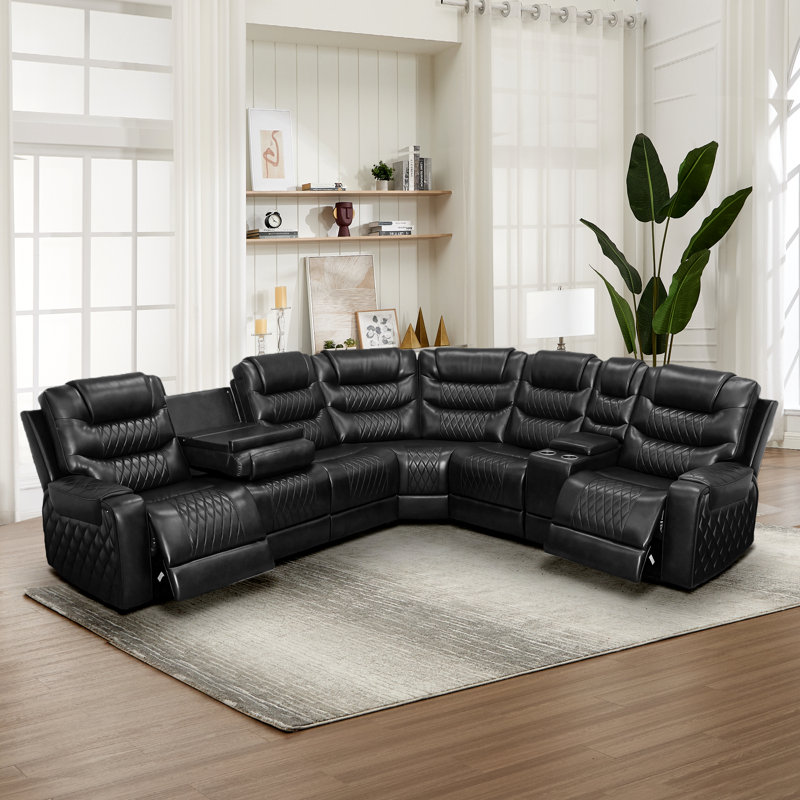 Canapé d'angle modulaire inclinable en L de 123,11 po avec console rabattable, porte-gobelets et rangement dissimulé, Noir