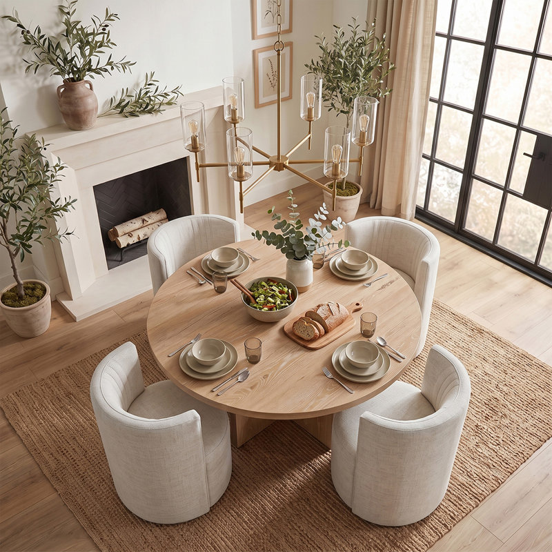 Ensemble de salle à manger 5 pièces rond en placage de bois avec chaises rembourrées et roulettes cachées, Beige