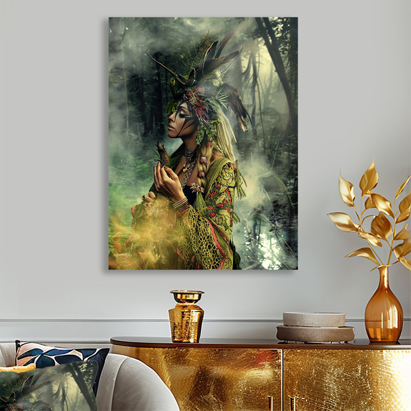 Mystical Shamana Forest Ritual I - Native American Woman, art mural, Sans cadre, métal, H 32 po x l 24 po