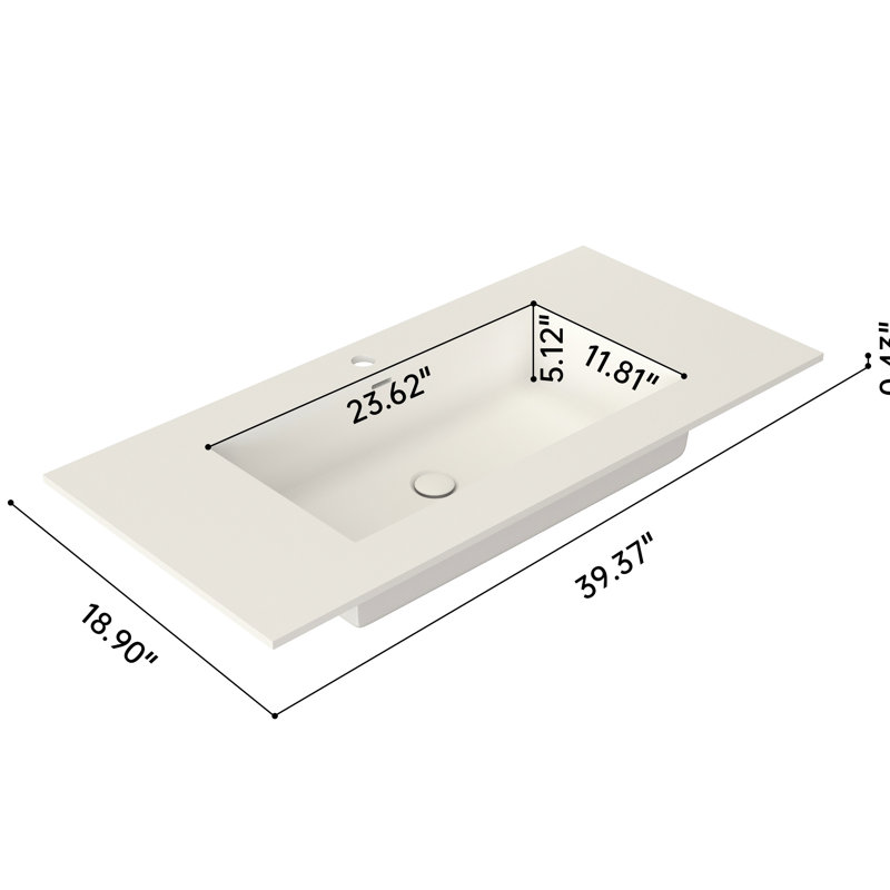 Lavabo de salle de bain en résine de pierre, surface solide, blanc mat, 39,2 po de profondeur, 18,63 po de largeur, 6,58 po de hauteur, 27,51 lb, adaptable à différentes configurations