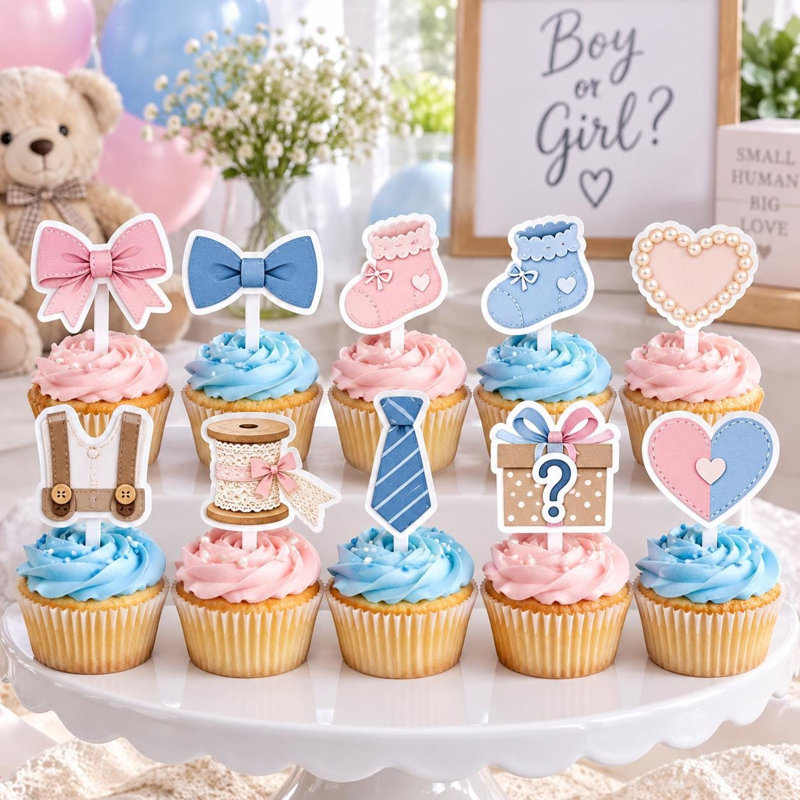 Décorations pour cupcakes en forme de nœuds papillons ou de rubans, décoration pour fête de révélation du sexe, ensemble de 10 décorations en carton