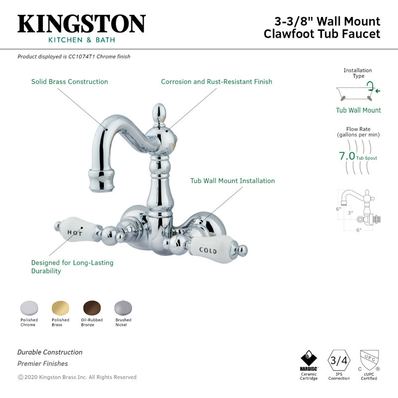 Kingston Brass Vintage Two-Handle 2-Hole Tub Wall Mount Clawfoot Tub Faucet, Oil Rubbed Bronze