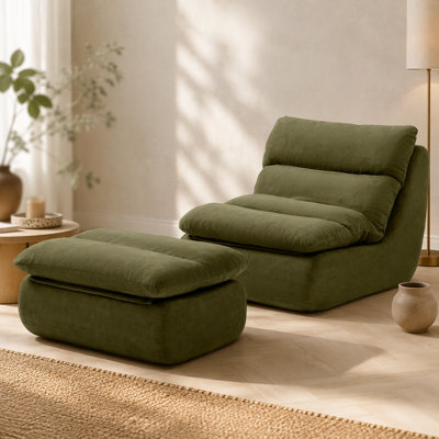 Fauteuil à billes 32 po avec repose-pieds, grande chaise longue pour adultes, canapé rembourré capitonné pour le salon, la chambre à coucher, vert