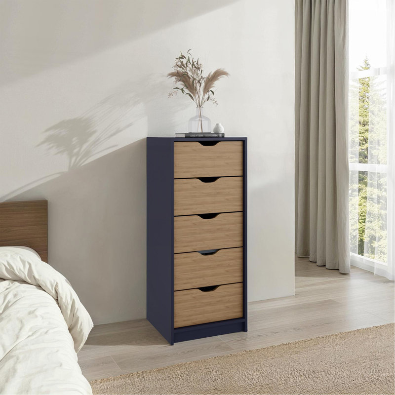 Commode H 42,4 po, 1 tiroir, 5 tablettes, bleu Alby / chêne naturel - Chambre