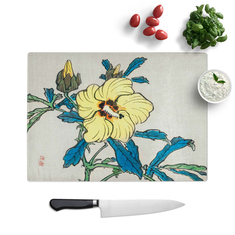 Tempered Glass Yellow Hibiscus Flower by Kono Bairei Chopping Board, 28.5 cm W x 20 cm L