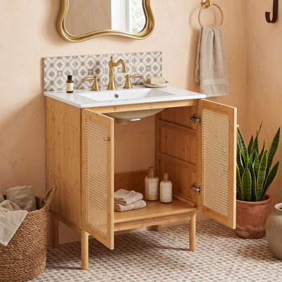 Bathroom Vanity with Ceramic Sink and Rattan Doors