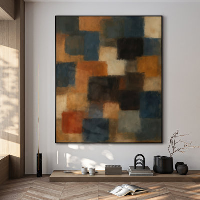 Extra Large Wall Art Fabric Print - Rustic Multicolor Block Pattern in Blue Orange and Beige Artwork Decor for Living Room or Bedroom - "Frame Assembly Required (Unfinished Frame)"
