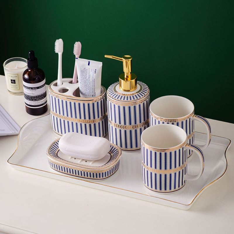 Blue, Gold And White Stripes Bathroom Accessory Set