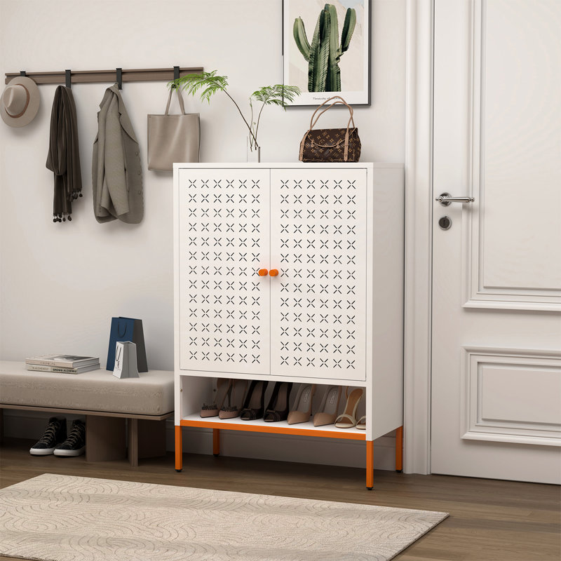 Étagère à chaussures à double ouverture avec grille et porte papillon, base surélevée de 15 cm, tablettes réglables, armoire moderne en métal blanc pour usage domestique, pied de preuve,