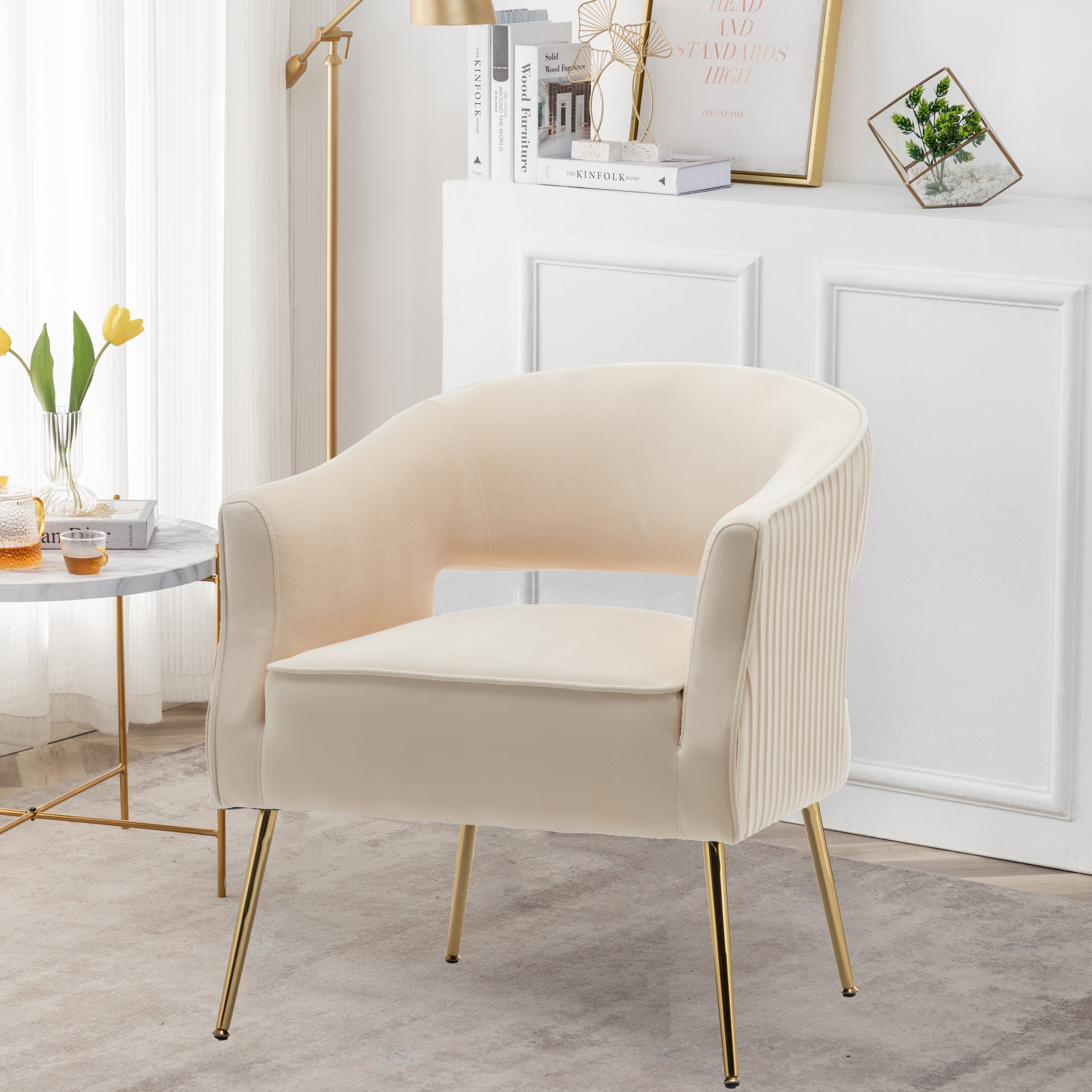 White velvet store barrel chair