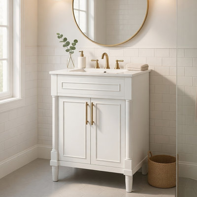 Quen Ceramic Sink Bathroom Vanity, Gold Metal And White Wood 24 Inch