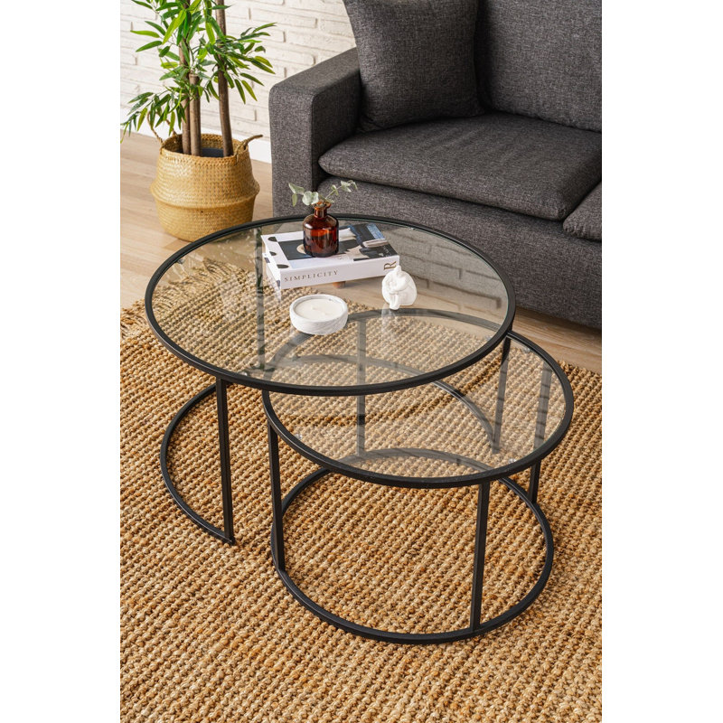 Ensemble de tables basses modernes (2 pièces), verre transparent, grand: 31,5 po x 16,9 po x 31,5 po | Petit: 23,6 po x 15,4 po x 23,6 po | 100% plateau en verre trempé transparent, cadre 100% métal, design élégant et glamour pour le salon et les esp