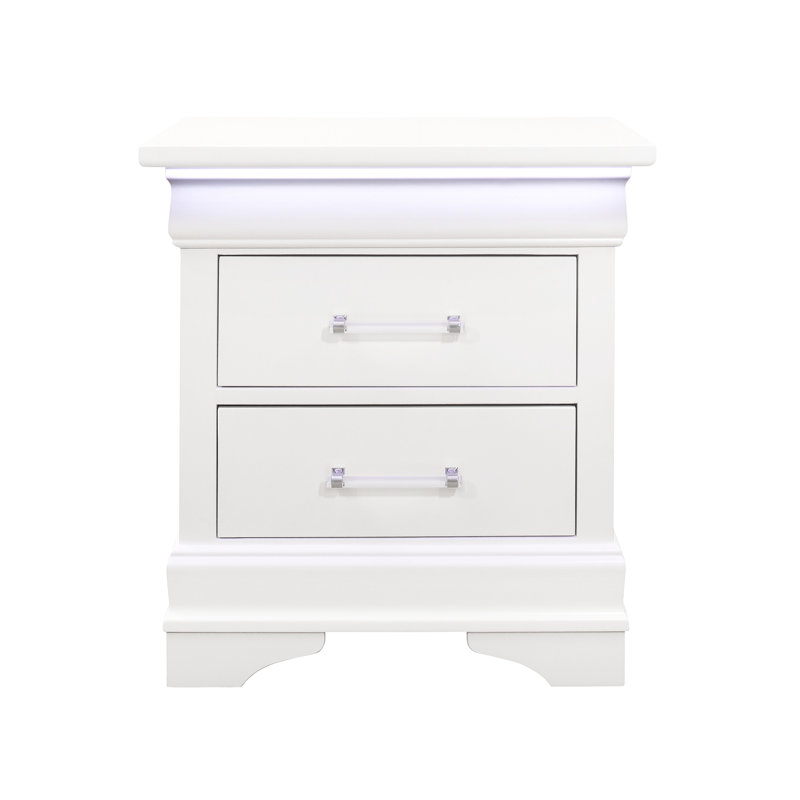 Table de chevet blanche spacieuse avec DEL - 2 tiroirs en bois massif + apparence de meuble