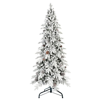 7.5 Ft Flocked Christmas Tree, 40 Natural Pine , Slim Design, Stable Metal Stand, Quick And Simple Setup Pe/ 1424 Tips, Space For Small Entryways, Assembly, Rustic Charm