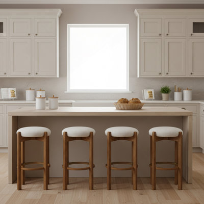 Indoor Wooden Upholstered Barstool, Walnut Finish and Ivory Upholstery, Set of 4
